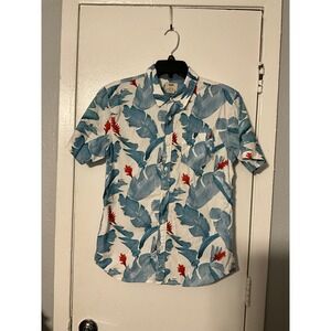 Vans Mens Small Blue Tropical Leaf Print Short Sleeve Button Down Shirt Tailored